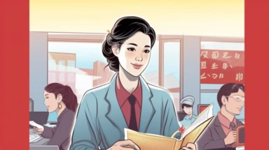 Graphic novel style, Dave Gibbons style,2D china illustartion-style,with simple color and black line, Chinese female teacher in suit, Hand with a medical record clip,Happy,handsome and beautiful, examine work, working,Triangular composition, 16k,medium view