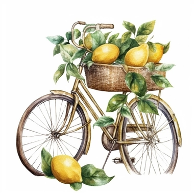 realistic bicycle with a basket full of lemons with leaves, vintage, very detailed, hipster style cafe, white background, still life photography, food photography, dessert photography, dreamy, clipart, watercolor illustration style