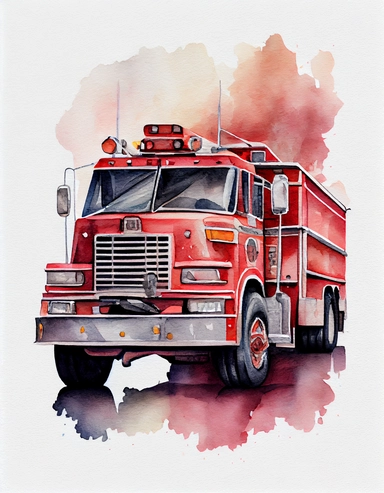 detailed watercolor firetruck facing a wall, isolated on a white background, realistic, clipart