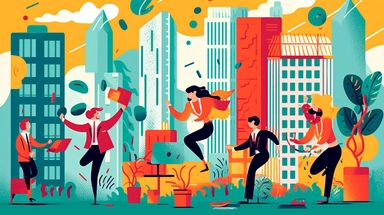 Clipart scene of stock art, Alegria style, corporate memphis style, flat art, bold colors, upbeat, happy, friendly, high resolution, 8k