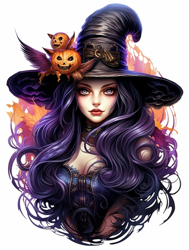 halloween haunted scary gothic steampunk witch, magic, purple,in the style of colorful fantasy realism, bold, manga, sticker art, clipart png, photorealistic, watercolor, digital painting, WHITE BACKGROUND, fantasy style, realistic, painting, 8k, ultra details,