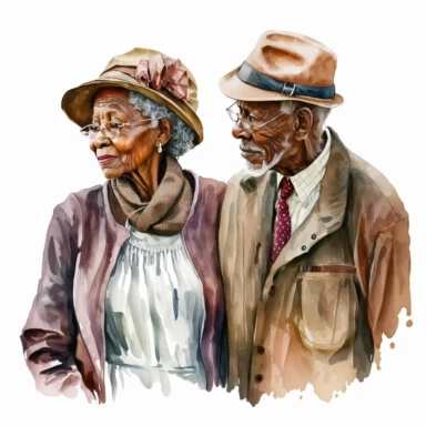 dark skin old couple Watercolor clipart white background