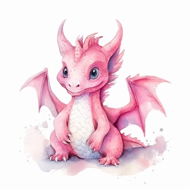 Watercolor fantasy baby dragon clipart full body, sitting, pink color palette, hand painted, white background