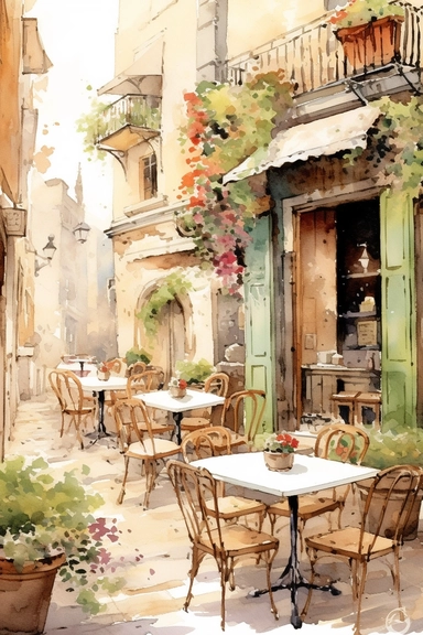 clipart, Watercolor painting, As the gentle breeze carries the faint scent of freshly brewed coffee, you find yourself captivated by the scene before you. Nestled among a quaint street lined with charming buildings, a picturesque cafe comes into view. The outdoor seating area beckons with its rustic charm, adorned with wrought-iron chairs and tables adorned with vibrant potted flowers. The centerpiece of the cafe is an intriguing structure, an architectural marvel that combines classic elegance 