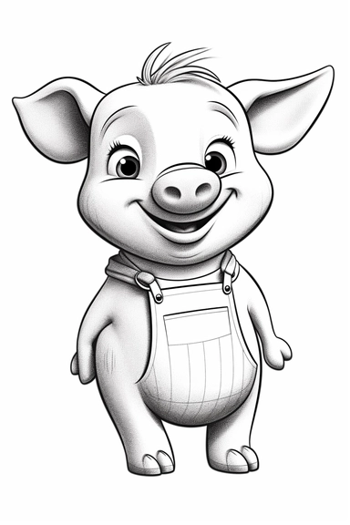 pixar Pig clipart, simple line art, monocromatic, isolated on white background, color image, full body, stroke line art, for toddler coloring, 8k