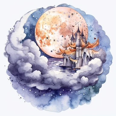 fantasy moon clipart circle on a white background, fantasy watercolor illustration, detailed, high res 8k