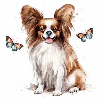papillon dog, happy, whole body, extra long hairs on the ears, clipart, hand-drawn clipart, realistic, clear lines, neutral watercolor, isolated, white background,