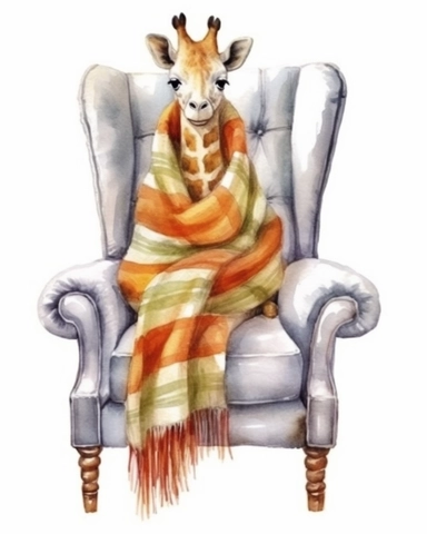 detailed watercolor Baby Giraffe on a chair with scarf , hyper realistic, isolated on a white background, clipart