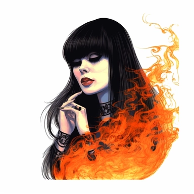 female Elvira style spooky clipart, hand drawn art isolated on white background, sparklecore, goosebumps cover art, flames