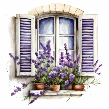 clipart watercolor, detailed, realistic, white background. Window with shutters with lavender flowers on the sill, ledge
