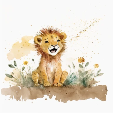 The watercolor clipart illustration shows a baby lion playing in a natural setting. The background is a white space to keep the focus on the cute baby lion. The colors are warm and inviting, with shades of yellow, brown, and white. The baby lion is depicted in a playful and happy way, with its mouth open in a smile and its paws stretched out. This would be a perfect watercolor clipart for kids to enjoy and learn about lions.
