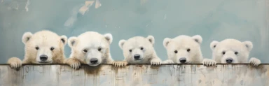 a row of cute miniature polar bear cubs, a collage of mixed media art made with tissue paper, magazine and newspaper clippings, oil paint, graphite pencil lines and fabric, in the style of playful surrealism, whimsical, washi tape