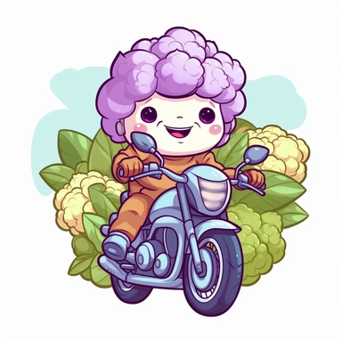 Create a clipart of a cute vegetable cauliflower riding a motorcycle. Pastel colors. Kawaii style. White Background, soft lighting.