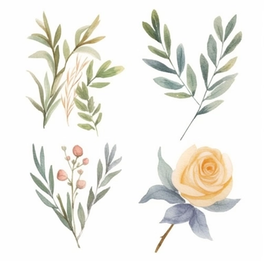 Design a dreamy watercolor clipart of Provence-inspired Olive branches, roses, and eucalyptus arranged in a wooden crate composition, hand-painted with soft and graceful brushstrokes. Draw inspiration from the artistic finesse of Ethereal Petals Watercolors for a refined and ethereal depiction. isolated on a white background, hand-drawn illustration, hand-painted watercolor texture, 16k UHD resolution, intricately detailed, sharp focal points, designed by Ana Victoria Calderon and Holly Exley, i