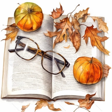 Open old book, glasses, coffee mug, top view, dry autumn leaves, small pumpkins, watercolor, clipart, white background