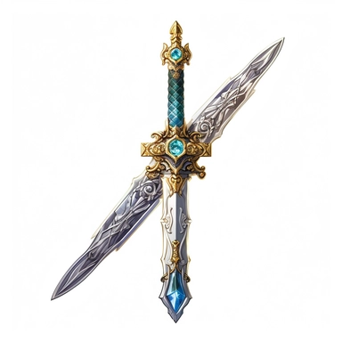 Create a mesmerizing clipart of a legendary sword against a pristine white background. The sword should be forged with exquisite craftsmanship, with an adorned hilt featuring intricate patterns and gemstones. Depict a radiant glow along the blade, hinting at its mythical powers.