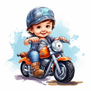 clipart of cute and cool baby boy on a harley davidson multicolor white background