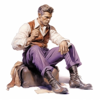A beautifully illustrated victorian pulp fiction male fighter in varying hues sitting down and taking off his shoes ,wearing boxing gloves and muscular, muscles, octane render, hyperrealistic, stunningly handsome, refined and sophisticated, Hand drawn, roberto ferri ,realistic watercolor, Clipart, watercolor, white background, intricate detail