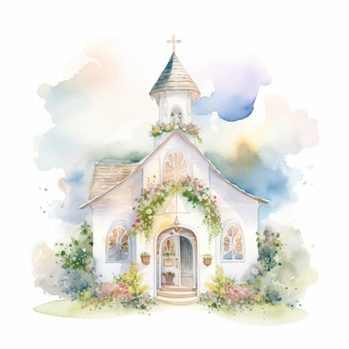watercolor painting of wedding chapel clipart on plain white background, painted in the style of chiho aoshima