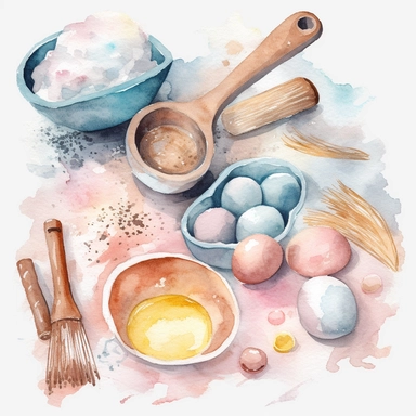 Design a watercolor clipart image of a set of baking ingredients, including flour, sugar, and eggs. Use pastel shades of pink, blue, and yellow to create a soft and inviting palette, and include plenty of texture and detail to make the ingredients look tactile and realistic, white background