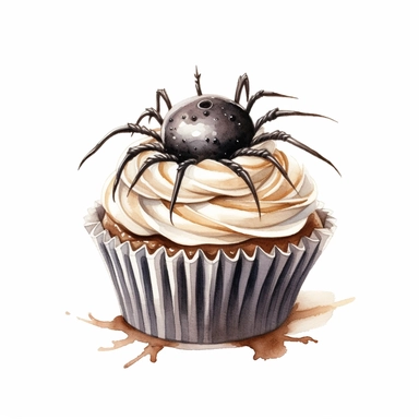 delicious halloween cupcake with cute spider , watercolour illustration clipart, extremely detailed, 4k, high quality, colour scheme black and silver cream, , isolated on white background