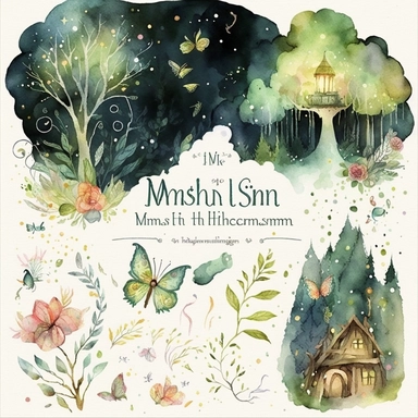 A mesmerizing watercolor clipart collection featuring elements from llustration of a magical forest inspired by Shakespeare's A Midsummer Night's Dream. lush green trees adorned with twinkling fairy lights, Delicate flowers bloom in vibrant colors, while mischievous fairies flit through the air, leaving behind trails of sparkling dust, ethereal ambiance. whimsy and enchantment