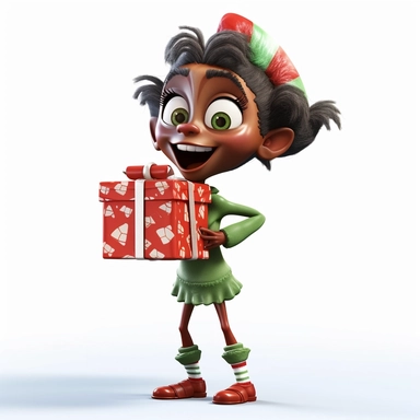 clipart of a crazy dark skinned female christmas elf standing on a christmas present, there is a funny face on it, cartoon, for kids, funny, pixar, 8k, white background, sharp focus, detailed,