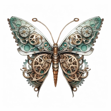 A delicate butterfly with wings detailed with intricate clockwork gears and cogs, with its colors echoing the shine of Sea Green and Antique White watercolour clipart, white background, no watermarks