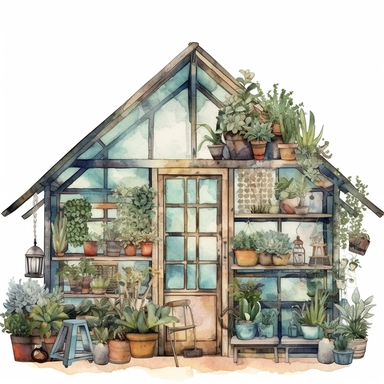watercolor greenhouse elements clipart, moody colors, sublimation style