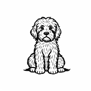 Really simplified black and white doodle of a labradoodle dog line art body, vector clipart, in the style of simple illustration, simple minimal line art
