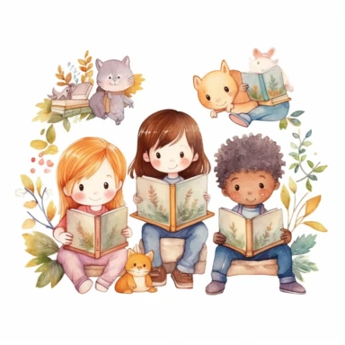 multiple different nationality Cute little children reading a book in a reading nook, folk art, watercolor, clipart elements, kawaii, white background