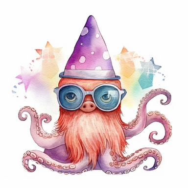 watercolor octopus clip art, sunglasses, birthday hat, in the style of whimsical storytelling, storybook illustration minimal, graphic illustration, matte colors, 2d flat, vector, transparent background