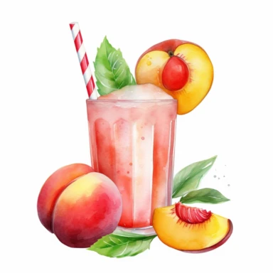 An Peach fruit with a straw inserted, as if ready to be juiced or drink, Watercolor, pastels, clipart, beautiful, colourfull, png transparent white background, high resolution, no caption q4 s2