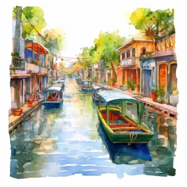 a Mexico Xochimilco Canals in the style of watercolour clipart with detailed brush strokes
