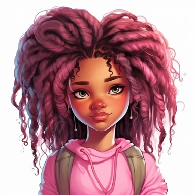 cute little american black girl, messy long pink modern hair, green eyes, face, portrait, different expressions, clipart, high resolution, sarah kay style,