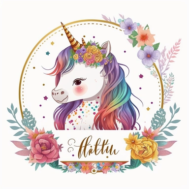 cute unicorn in chibi style with flowers in hair, colourful rainbow colours, well lite, with name plate ribbon with gold trim, watercolor clipart using procreate grain brush, svg white background