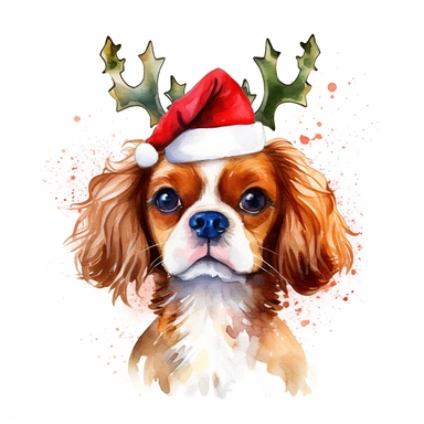 create a saturated beautiful watercolor clipart image image of a happy king charles cavalier puppy waering fake antlers with a christmas suit on, white background, no font, no text