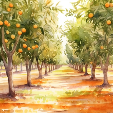 Citrus Grove: Create a watercolor clipart of an expansive orange grove, capturing the rows of trees and the play of light and shadow. Incorporate warm earthy tones and a sense of depth to bring the scene to life.