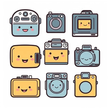 Design a Kawaii-inspired clipart set of cute smiling cameras with round, sparkling lens eyes and a tiny bow on top. Place a speech bubble with the words Say cheese! beside the camera. Add some heart-shaped buttons or shutter buttons for an extra touch of cuteness. This delightful clipart is perfect for photography-related projects or capturing joyful moments. Kawaii.