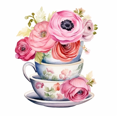 stacked tea cup clipart, ranunculus flowers, watercolor illustration, clean background