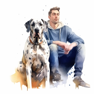 Great Dane sitting attentively next to its owner, their bond evident in their eyes, capturing the loyal and loving nature of the breed, white background, watercolor clipart.
