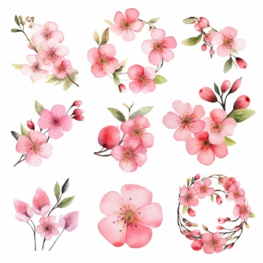 Watercolor clipart set featuring pink flower blossoms, each captured from a different angle and displayed within circular frames, offering a harmonious composition on a white background.