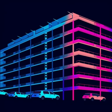 a clipart parking garage Cyan-Blue, Magenta-Red, Midnight blue background