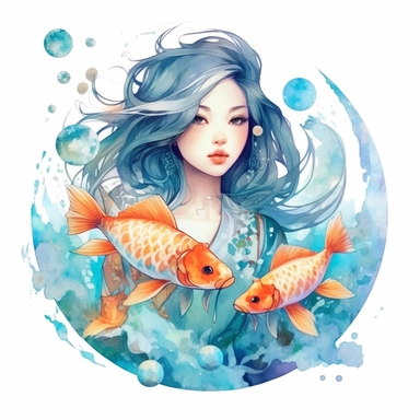 Pisces zodiac sign as fantasy cute asian girl surrounded by two koi fish, water theme, Watercolor pisces Zodiac Sign Clipart, 8k, detailed white background, uplighted