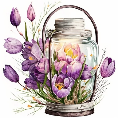 purple crocus flowers braiding lantern, watercolour, floral, clipart design, white background, uplighted