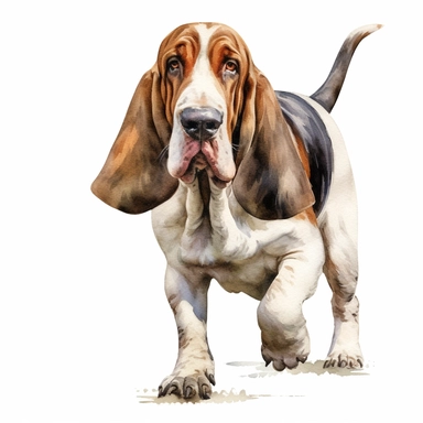 close up high detailed, Hand drawn watercolor clipart of Bassett Hound tracking, on a pure white background for background removal, no shadow, no paint splash
