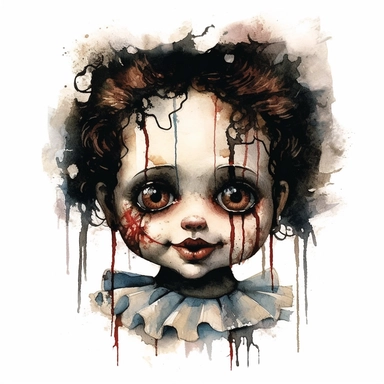 a headshot showing the scary face of a possessed doll, watercolor, ultra high-detail, dark outlines, clipart