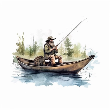 fisherman, in boat,in lake,fishing bass fish,clipart,white background
