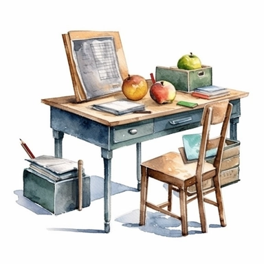 watercolor clipart school blackboard, class room desk, hight quality white background
