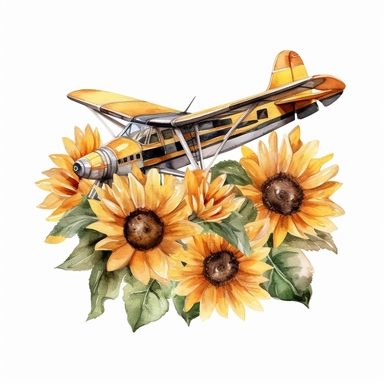 clip art ,airplane sunflowers watercolor , no background